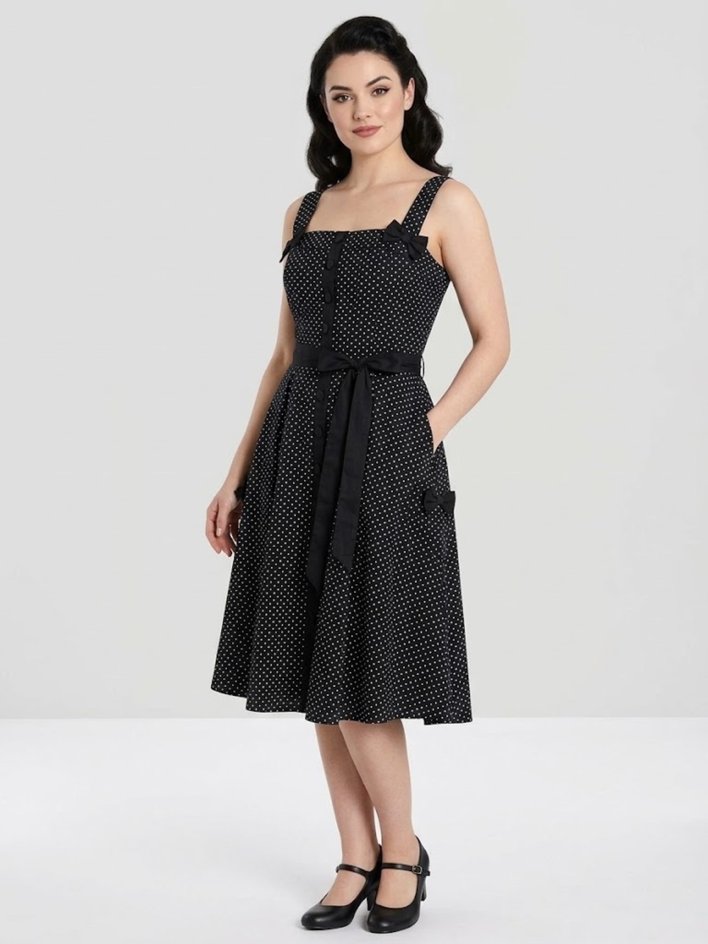 Hell Bunny Black Polka Dot Rockabilly Pinup A-Line Swing Dress Bow Accents